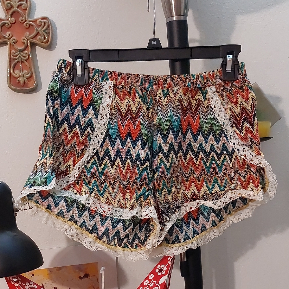 Multi Colored Zig Zag Dolphin Shorts With Lace Trim